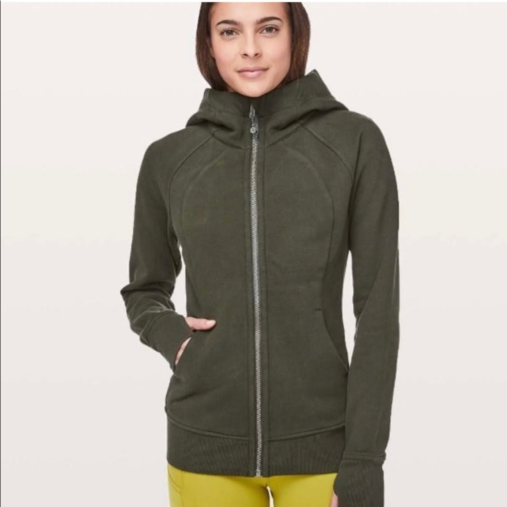 Lululemon Scuba Hoodie Jacket Light Cotton Fleece Full Zip Dark Olive Green Sz 8